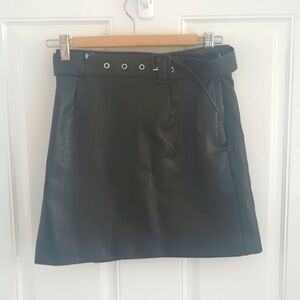 H & M divided black faux vegan  leather belted mini skirt size 4